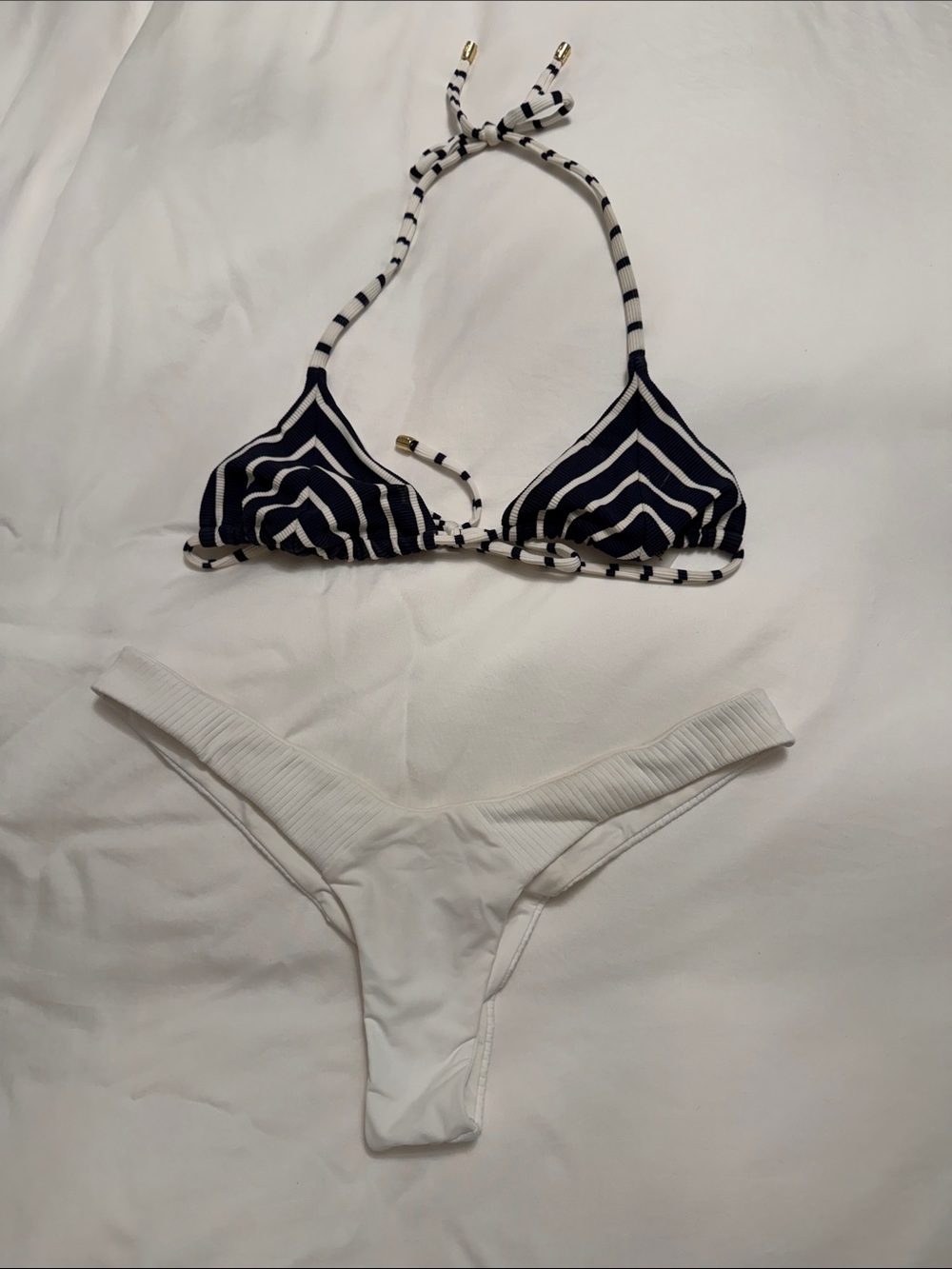 Beach Bunny Navy Striped Triangle Bikini Top with White Bottom